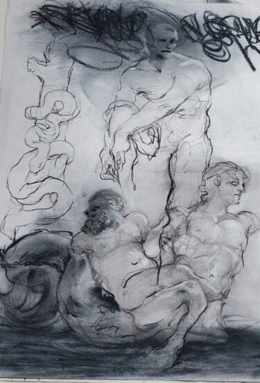 Drawing titled "Poséidon" by Nadège Lafon, Original Artwork, Charcoal