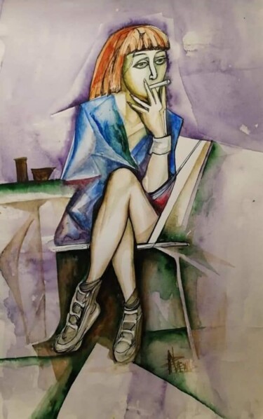 Painting titled "Girl with a cigaret…" by Nadezda Baruns, Original Artwork, Watercolor