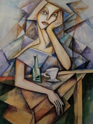 Peinture intitulée "Girl in a cafe." par Nadezda Baruns, Œuvre d'art originale, Aquarelle