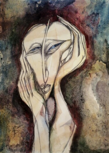 Pintura titulada "thoughtful lady. Ex…" por Nadezda Baruns, Obra de arte original, Acuarela