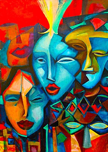 Painting titled "Masks. Carnival. Cu…" by Nadezda Baruns, Original Artwork, Oil