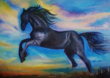 Schilderij getiteld "A horse meets the s…" door Nadezda Baruns, Origineel Kunstwerk, Olie