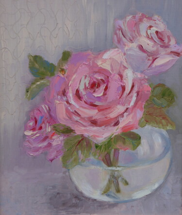 Pittura intitolato "Rose in glass vase" da Nadezda Krivohizina, Opera d'arte originale, Olio