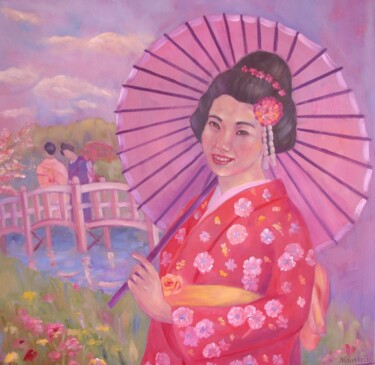 Painting titled "Japan" by Nadezda Krivohizina, Original Artwork, Oil Mounted on Wood Stretcher frame