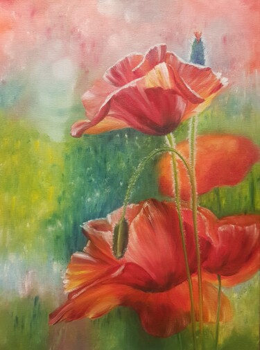 Painting titled "Red Tulips" by Nadezhda Brinke, Original Artwork, Oil