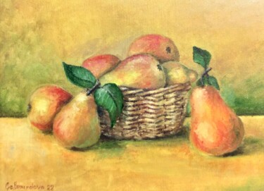 Painting titled "Pears in a basket,…" by Nadezhda Gellmundova, Original Artwork, Oil Mounted on Other rigid panel