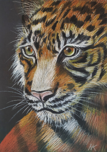 Drawing titled "The Tiger's Gaze Or…" by Nadezhda Kokorina, Original Artwork, Pastel