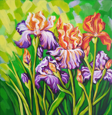 Painting titled "Orang Irises art fl…" by Nadezhda Kokorina, Original Artwork, Acrylic