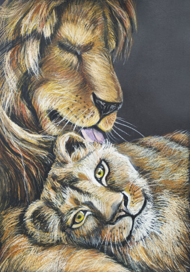 Desenho intitulada "Lion and Lioness oi…" por Nadezhda Kokorina, Obras de arte originais, Pastel