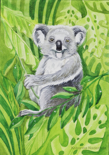 Painting titled "Koala in the Tropic…" by Nadezhda Kokorina, Original Artwork, Watercolor