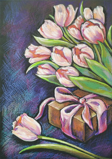 Rysunek zatytułowany „Pink tulips drawing…” autorstwa Nadezhda Kokorina, Oryginalna praca, Pastel