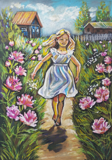 Disegno intitolato "Girl with summer pe…" da Nadezhda Kokorina, Opera d'arte originale, Pastello