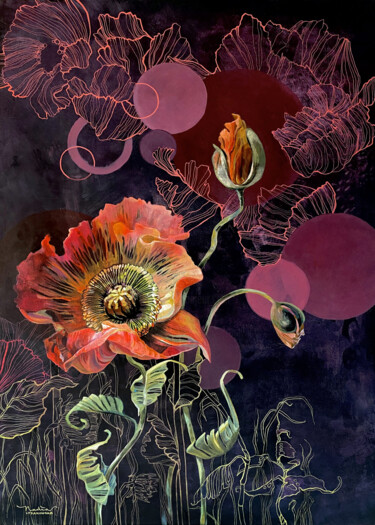 Schilderij getiteld "Papaver Somniferum" door Nadia Lysakowska, Origineel Kunstwerk, Acryl