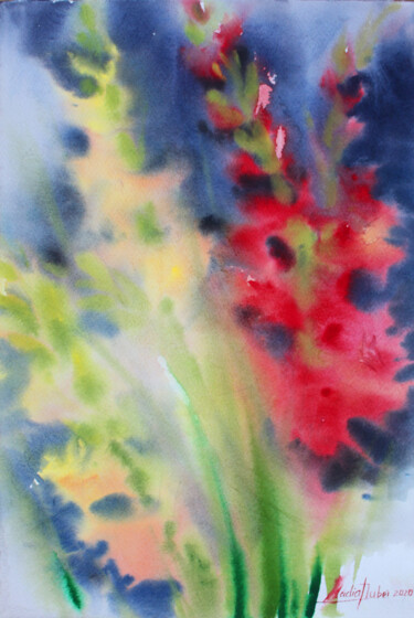 Painting titled "Iris flowers" by Nadiia Dubei, Original Artwork, Watercolor