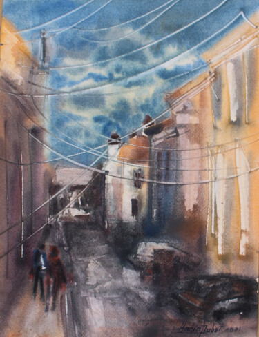 Painting titled "Urban landscape" by Nadiia Dubei, Original Artwork, Watercolor