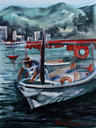 Painting titled "Sea in Montenegro" by Nadiia Dubei, Original Artwork, Watercolor