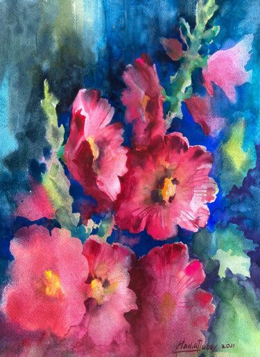 Painting titled "Ukrainian Malva flo…" by Nadiia Dubei, Original Artwork, Watercolor