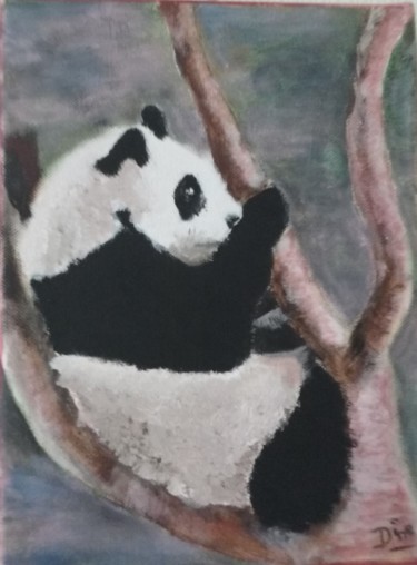 Schilderij getiteld "Panda grimpeur" door Nadine Bichon, Origineel Kunstwerk, Olie