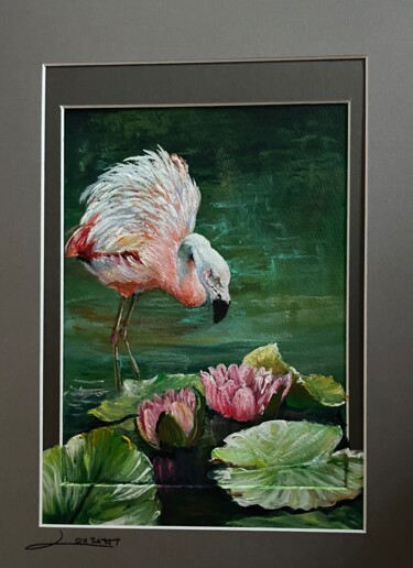 Painting titled "Flamand rose 1" by Nadine Lenzotti, Original Artwork, Acrylic Mounted on Cardboard