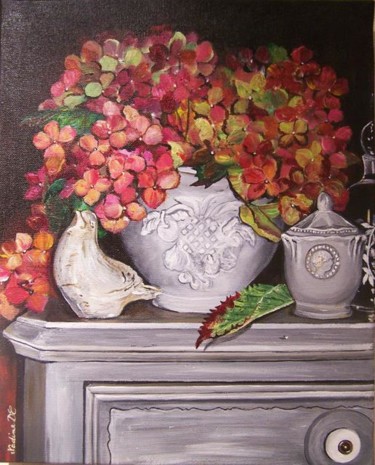 Malerei mit dem Titel "Les hortensias" von Nadine Coffinier, Original-Kunstwerk, Acryl