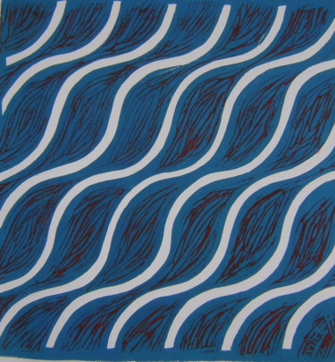 Druckgrafik mit dem Titel "ondulations bleues" von Nadine Trescartes (fildefériste), Original-Kunstwerk, Linoldrucke Auf And…