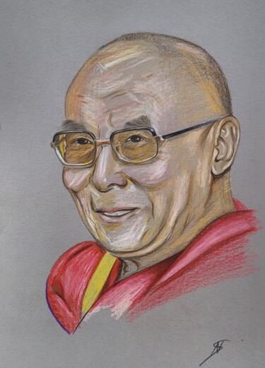 Σχέδιο με τίτλο "Dalai Lama" από Nadja Schramm, Αυθεντικά έργα τέχνης, Παστέλ