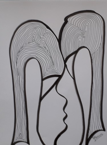 Рисунок под названием "La rencontre 2" - Nadya Abrous, Подлинное произведение искусства, Чернила