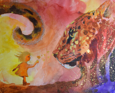 Painting titled "Red Panther" by Nadyalerm, Original Artwork, Watercolor