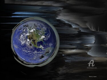 Digital Arts titled "PLANETE BLEUE" by Nancy Lopez, Original Artwork, Digital Painting Mounted on Wood Stretcher frame