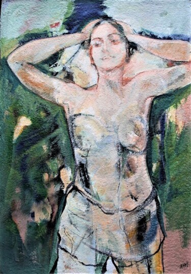 Painting titled "Femme aux bras levés" by Nane, Original Artwork, Acrylic Mounted on Wood Stretcher frame