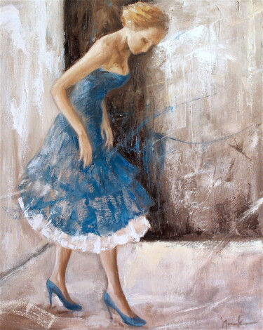 Schilderij getiteld "Blue Taffeta" door Naoko Paluszak, Origineel Kunstwerk, Olie Gemonteerd op Frame voor houten brancard