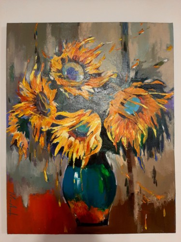 Painting titled "Sunflowers (40x50cm…" by Narek Jaghacpanyan, Original Artwork, Oil Mounted on Wood Stretcher frame