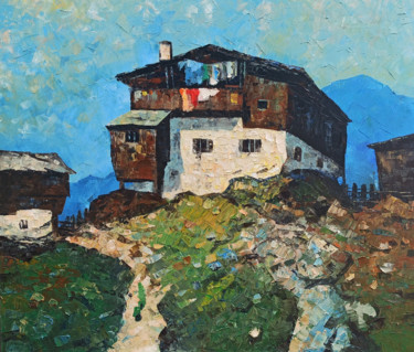 Schilderij getiteld "House on the rock (…" door Narek, Origineel Kunstwerk, Olie Gemonteerd op Frame voor houten brancard