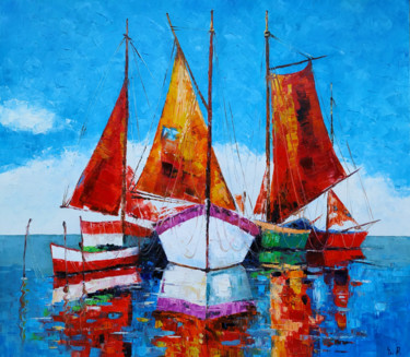 Malerei mit dem Titel "Boats-2 (70x80cm, o…" von Narek, Original-Kunstwerk, Öl Auf Keilrahmen aus Holz montiert