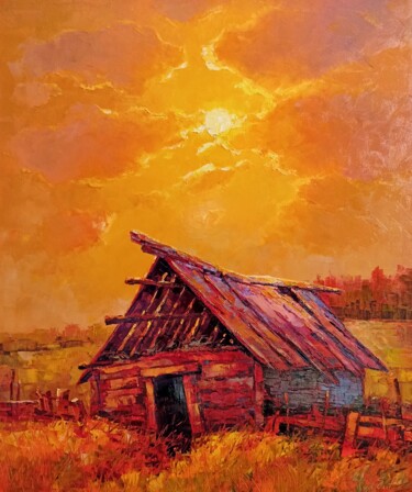 Painting titled "Old hut (60x50cm, o…" by Narek, Original Artwork, Oil Mounted on Wood Stretcher frame