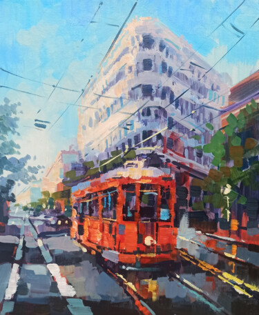 Pintura intitulada "Red tram (24x30cm,…" por Narek, Obras de arte originais, Óleo Montado em Armação em madeira