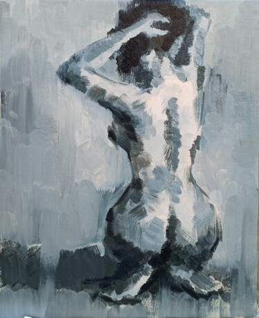 Painting titled "Nude figure in blac…" by Narek, Original Artwork, Oil Mounted on Wood Stretcher frame