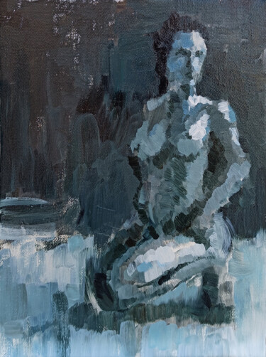 Painting titled "Nude figure in blac…" by Narek, Original Artwork, Oil Mounted on Wood Stretcher frame