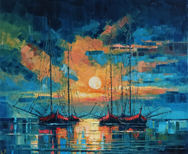 Painting titled "Sunset at sea" by Narek, Original Artwork, Oil Mounted on Wood Stretcher frame
