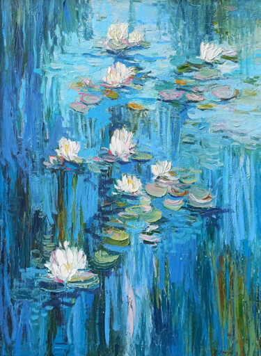 Painting titled "Water lilies" by Narek, Original Artwork, Oil Mounted on Wood Stretcher frame