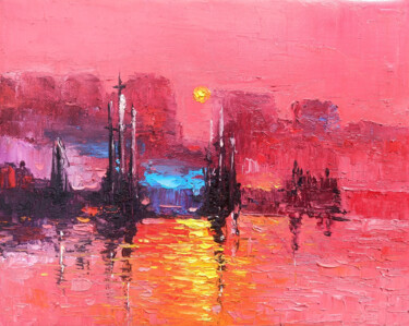 Painting titled "Crimson Dusk on the…" by Narek, Original Artwork, Oil Mounted on Wood Stretcher frame