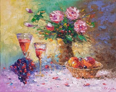 Schilderij getiteld "Roses and Revelry" door Narek, Origineel Kunstwerk, Olie Gemonteerd op Frame voor houten brancard