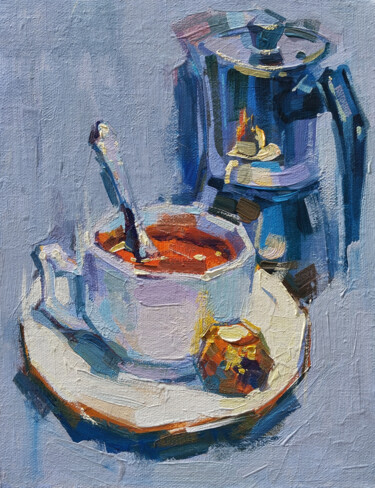 Painting titled "Coffee Break" by Narek, Original Artwork, Oil Mounted on Wood Stretcher frame