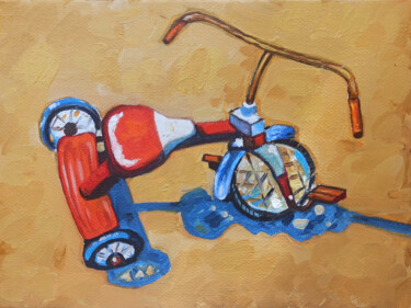 Painting titled "Nostalgic Wheels" by Narek, Original Artwork, Oil Mounted on Wood Stretcher frame