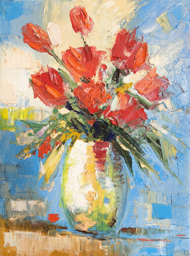 Schilderij getiteld "Radiant Tulips" door Narek, Origineel Kunstwerk, Olie Gemonteerd op Frame voor houten brancard