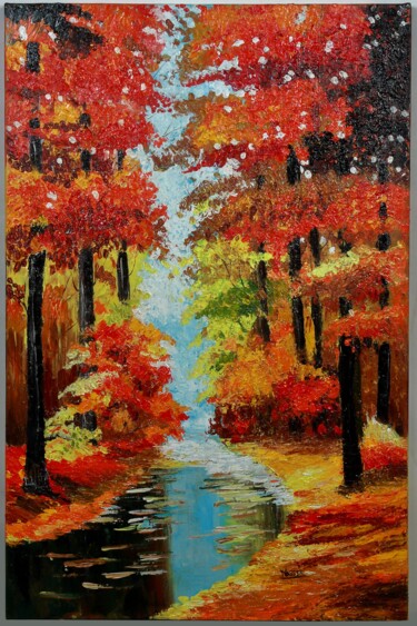 Painting titled "Autumn Road" by Nasser Chakkiwala, Original Artwork, Acrylic Mounted on Wood Stretcher frame