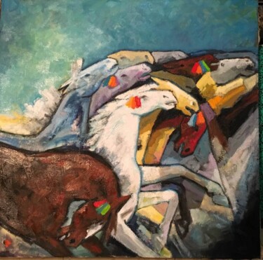 Pintura intitulada "Fuite de chevaux" por Nasser Ghazizadeh, Obras de arte originais, Óleo