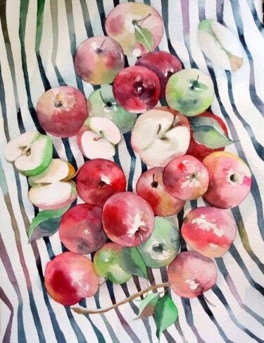 Pintura intitulada "яблоки на полосатом…" por Nastya Poleva, Obras de arte originais, Aquarela