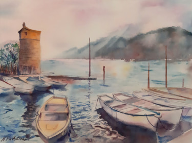 Painting titled "A162. Boats in the…" by Natalia Kavolina, Original Artwork, Watercolor