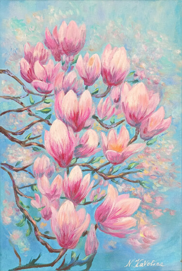 Painting titled "M40. Magnolias" by Natalia Kavolina, Original Artwork, Oil Mounted on Wood Stretcher frame